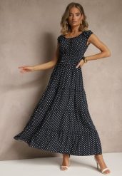 Granatowa Sukienka z Bawełną i Wiskozą w Kropki z Guzikami Lilavira. Niebieskie sukienki damskie Renee, na spotkanie biznesowe, na lato, s, bez wzorów, z bawełny, eleganckie, bez kołnierzyka, bez ramiączek, maxi. W wyprzedaży za 59.99 zł.