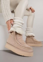 Beżowe Śniegowce z Przeszyciami Oliwedea. Brązowe śniegowce damskie Born2be, z jeansu. Za 149.99 zł.