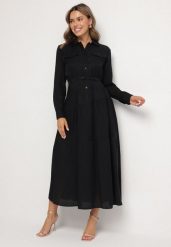 Czarna Wiskozowa Sukienka Ozdobiona Paskiem i Guzikami Ronitte. Czarne sukienki damskie Born2be, na co dzień, na lato, l, bez wzorów, z wiskozy, eleganckie, bez kołnierzyka, bez ramiączek, maxi. W wyprzedaży za 135.99 zł.