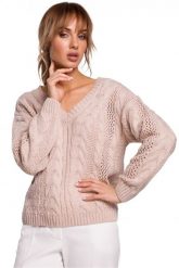 Lekki sweter damski ażurowy z dekoltem V splot w warkocz pudrowy róż. Czerwone swetry klasyczne damskie Polskie swetry, l, z dzianiny, bez kołnierzyka. Za 245.00 zł.