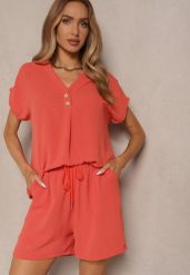 Pomarańczowy Komplet z Wiskozą T-shirt z Ozdobnymi Guzikami i Szorty Niterela. Brązowe szorty damskie Renee, bez wzorów, z gumy, boho. Za 69.99 zł.