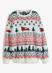 Cienki sweter z motywem bożonarodzeniowym. Białe swetry męskie bonprix, m, bez wzorów, bez kołnierzyka. Za 129.99 zł.