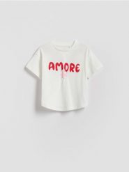 Wzorzysty t-shirt - złamana biel. Koszulki dziewczęce Reserved, m, bez wzorów, z bawełny, bez ramiączek. Za 25.99 zł.