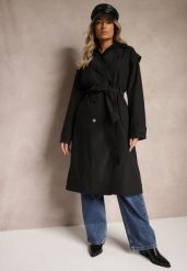 Czarny Płaszcz Trencz o Kroju Oversize Ozdobiony Materiałowym Paskiem i Guzikami Iritheas. Czarne płaszcze damskie Renee, l, bez wzorów, z materiału. Za 219.99 zł.
