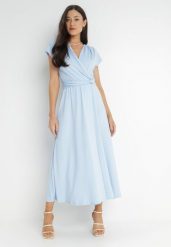 Jasnoniebieska Sukienka Kopertowa Chloriera. Niebieskie sukienki damskie Born2be, na imprezę, m, bez wzorów, z tkaniny, eleganckie, bez kołnierzyka, bez ramiączek, maxi, kopertowe. W wyprzedaży za 111.99 zł.