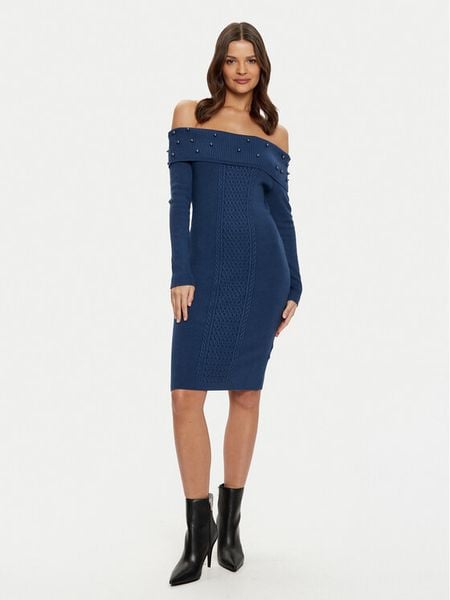 Guess Sukienka dzianinowa W5RK0G Z2YJ2 Granatowy Bodycon Fit. Niebieskie sukienki damskie Guess, l, z aplikacjami, z dzianiny, bez kołnierzyka, bez ramiączek, bodycon. Za 379.99 zł.