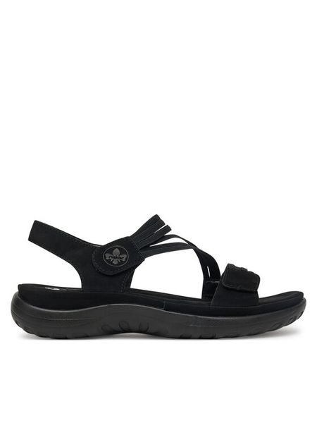 Rieker Sandały 64870-02 Czarny. Czarne sandały damskie Rieker, bez wzorów, z syntetyku, bez obcasa, na płaskiej podeszwie. Za 309.99 zł.