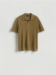 Sweter polo z domieszką lnu - oliwkowy. Zielone swetry męskie Reserved, l, bez wzorów, z wiskozy, bez kołnierzyka. Za 129.99 zł.