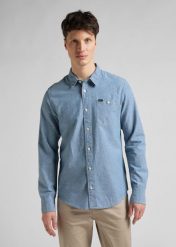 LEE LEESURE SHIRT MĘSKA KOSZULA JEANSOWA LOGO BLUE UNION L66NMWUF 112145379. Niebieskie koszule męskie Lee, l, bez wzorów, z jeansu, bez kołnierzyka, bez ramiączek. Za 149.99 zł.