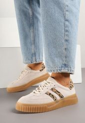 Beżowe Skórzane Sneakersy Klasyczne Tenisówki z Zamszu Naturalnego ze Wzorem w Panterkę Teniresela. Brązowe trampki i tenisówki damskie Born2be, bez wzorów, z jeansu. Za 189.99 zł.