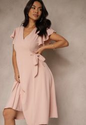 Różowa Kopertowa Sukienka z Rozkloszowanym Dołem i Ozdobnym Wiązaniem Dannola. Czerwone sukienki damskie Renee, m, bez wzorów, eleganckie, bez kołnierzyka, bez ramiączek, midi, kopertowe. Za 109.99 zł.