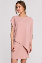 Elegancka sukienka mini z asymetryczną falbaną drapowana różowa. Czerwone sukienki damskie Sukienki.shop, na imprezę, xl, bez wzorów, eleganckie, z asymetrycznym kołnierzem, bez ramiączek, mini, asymetryczne. Za 249.00 zł.