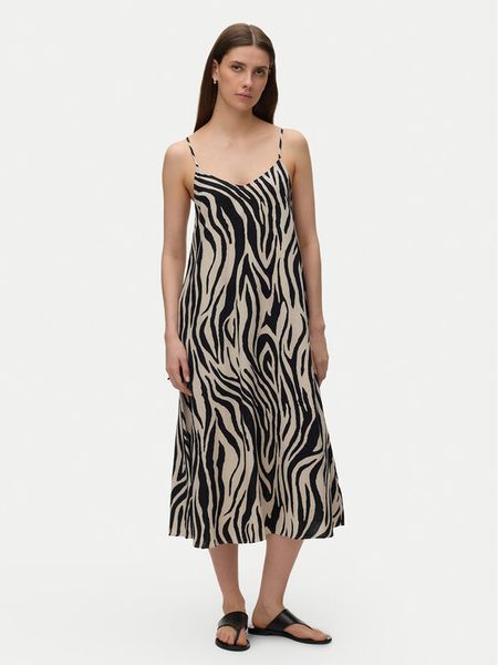 Vero Moda Sukienka letnia Emilo 10340519 Beżowy Loose Fit. Brązowe sukienki damskie Vero Moda, na lato, m, bez wzorów, ze lnu, bez kołnierzyka, bez ramiączek. Za 199.99 zł.