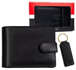 Zestaw prezentowy: męski, czarny portfel ze skóry ekologicznej i brelok do kluczy - Rovicky. Czarne portfele męskie ROVICKY, bez wzorów, ze skóry ekologicznej. Za 39.99 zł.