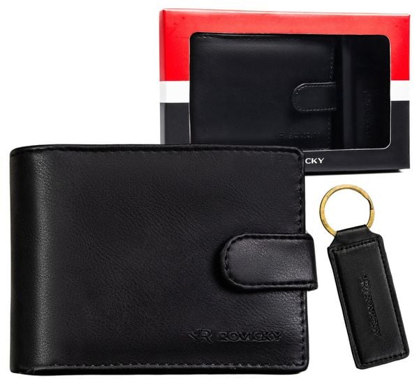 Zestaw prezentowy: męski, czarny portfel ze skóry ekologicznej i brelok do kluczy - Rovicky. Czarne portfele męskie ROVICKY, bez wzorów, ze skóry ekologicznej. Za 39.99 zł.