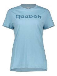 Reebok Koszulka w kolorze błękitnym rozmiar: M. Niebieskie bluzki damskie Reebok, m, bez wzorów, z bawełny, bez kołnierzyka, bez ramiączek. Za 70.24 zł.