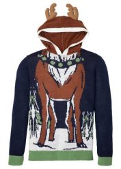 Sweter z kapturem i bożonarodzeniowym motywem, z poliestru z recyklingu. Niebieskie swetry męskie bonprix, m, bez wzorów, bez kołnierzyka. Za 169.99 zł.