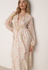 Żółta Romantyczna Sukienka z Falbankami Wiązaniem i Wycięciami w Talii Rhelorin. Żółte sukienki damskie Born2be, na co dzień, l, bez wzorów, z jeansu, klasyczne, bez kołnierzyka, bez ramiączek, maxi, dopasowane. Za 209.99 zł.