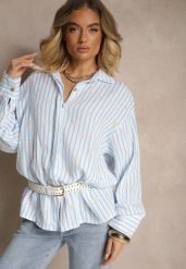 Niebieska Koszula z Bawełny w Prążki Zdobiona Kwiatowym Wzorem Apiola. Niebieskie koszule damskie Renee, z aplikacjami, z bawełny, biznesowe, bez kołnierzyka, bez ramiączek. Za 89.99 zł.
