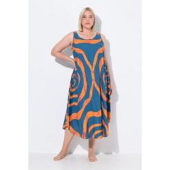 Damskie Sukienka midi koła krój trapezowy okrągły dekolt bez rękawów. Niebieskie sukienki damskie Ulla Popken, plus size, bez wzorów, z materiału, sportowe, bez kołnierzyka, plus size, bez ramiączek, midi, sportowe. Za 279.99 zł.