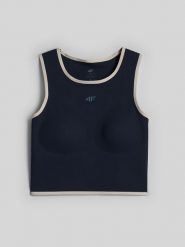 4F Crop top do jogi szybkoschnący damski - granatowy L. Niebieskie topy damskie 4f, l, bez wzorów, z materiału, bez ramiączek. Za 129.99 zł.