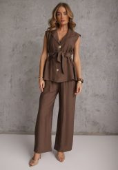 Brązowy Letni Komplet Kamizelka z Paskiem i Ozdobnymi Guzikami i Szerokie Spodnie Sharieth. Brązowe kamizelki damskie Renee, l. Za 139.99 zł.