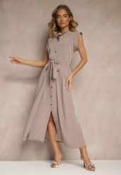 Brązowa Sukienka z Paskiem Koszulowa o Rozkloszowanym Fasonie Mavoselle. Brązowe sukienki damskie Renee, na co dzień, m, bez wzorów, z jeansu, eleganckie, bez kołnierzyka, bez ramiączek, maxi, koszulowe. Za 179.99 zł.