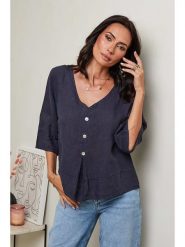Le Monde du Lin Lniana koszulka w kolorze granatowym rozmiar: 40/42. Niebieskie t-shirty damskie Le Monde du Lin, bez wzorów, ze lnu, bez kołnierzyka. Za 149.31 zł.