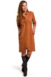 Ruda Elegancka Sukienka Żakietowa z Pagonami. Brązowe sukienki damskie MOE, l, bez wzorów, z elastanu, eleganckie, bez kołnierzyka, bez ramiączek. Za 293.90 zł.