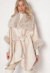 Beżowy Płaszcz z Wiązaniem w Pasie i Futerkiem Ozdobiony Wycięciami po Bookach Sartellia. Brązowe płaszcze damskie Born2be, l, bez wzorów, z jeansu, eleganckie. Za 209.99 zł.