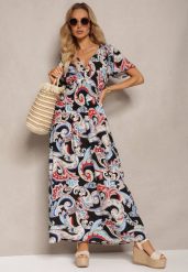Czarno-Niebieska Rozkloszowana Sukienka z Bawełny o Kopertowym Kroju w Print Paisley Piavella. Czarne sukienki damskie Renee, na co dzień, l, bez wzorów, z bawełny, eleganckie, bez kołnierzyka, bez ramiączek, maxi, kopertowe. W wyprzedaży za 39.99 zł.