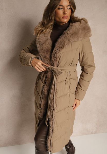 Beżowa Kurtka z Pikowanymi Przeszyciami Futerkiem i Paskiem Serapella. Brązowe kurtki damskie Renee, na zimę, l, bez wzorów, z dzianiny. Za 279.99 zł.