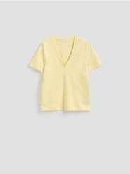 T-shirt z bawełny merceryzowanej - żółty. Żółte t-shirty damskie Reserved, l, bez wzorów, z bawełny, bez kołnierzyka. Za 79.99 zł.