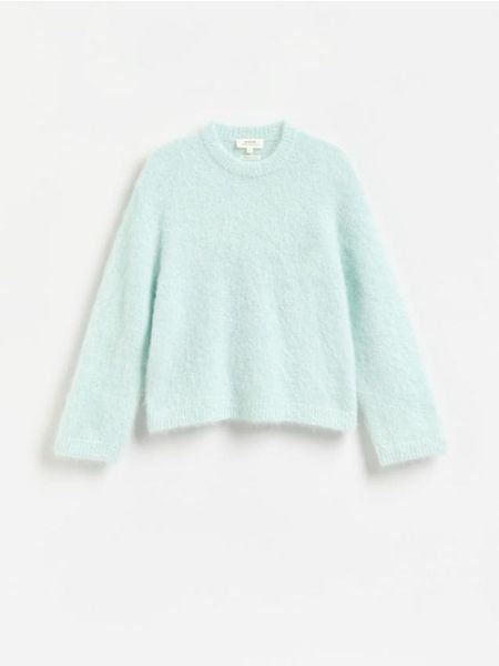 Sweter z dodatkiem alpaki i wełny - jasnoturkusowy. Niebieskie swetry klasyczne damskie Reserved, l, z dzianiny, bez kołnierzyka. Za 329.99 zł.