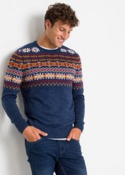 Sweter w norweski wzór. Niebieskie swetry męskie bonprix, l, bez wzorów, bez kołnierzyka. Za 129.99 zł.