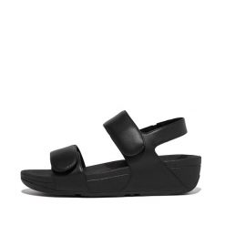 Damskie sandały z regulowanym skórzanym paskiem z tyłu FitFlop Lulu. Czarne sandały damskie Flip Flop, bez wzorów, z materiału, bez obcasa. Za 524.50 zł.