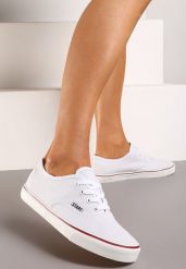 Białe Casualowe Sznurowane Tenisówki na Płaskiej Podeszwie Moanisa. Białe trampki i tenisówki damskie Renee, bez wzorów, z jeansu. Za 29.99 zł.