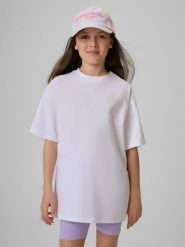 4F T-shirt loose gładki dziewczęcy - biały 122/128 (6-8 lat). Białe koszulki dziewczęce 4f, bez wzorów, z dzianiny, bez ramiączek. Za 49.99 zł.