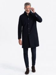 Długi męski jednorzędowy płaszcz z kołnierzykiem i podpinką – granatowy V3 OM-COWC-0106 - XXL. Niebieskie płaszcze męskie Ombre Clothing, l, bez wzorów, z materiału, eleganckie. Za 365.99 zł.
