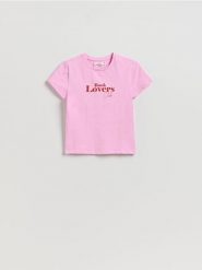 T-shirt regular z nadrukiem - różowy. Czerwone t-shirty damskie Reserved, l, bez wzorów, z bawełny, bez kołnierzyka. Za 49.99 zł.