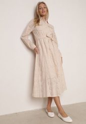 Beżowa Bawełniana Sukienka z Ażurowym Wzorem i Paskiem Noviellea. Brązowe sukienki damskie Born2be, l, z aplikacjami, z bawełny, eleganckie, bez kołnierzyka, bez ramiączek, koszulowe. Za 159.99 zł.