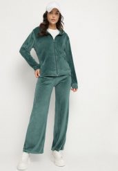 Zielony Komplet Dresowy z Weluru Taliowana Bluza i Szerokie Spodnie Meandra. Zielone bluzy bez kaptura damskie Born2be, s, z dresówki. Za 79.99 zł.
