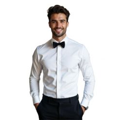 Biała elastyczna koszula na spinki z plisą kryjącą guziki MODINI DD50. Białe koszule męskie Modini Moda Męska, m, bez wzorów, z bawełny, bez kołnierzyka, bez ramiączek. W wyprzedaży za 175.50 zł.