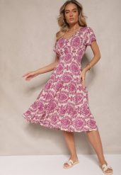 Różowa Rozkloszowana Sukienka z Bawełny z Gumką w Talii Desanita. Czerwone sukienki damskie Renee, na co dzień, na lato, l, bez wzorów, z bawełny, eleganckie, bez kołnierzyka, bez ramiączek, midi, kopertowe. W wyprzedaży za 41.99 zł.