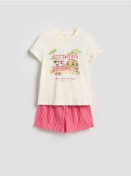 Dwuczęściowa piżama z nadrukiem - czerwony. Czerwone piżamy damskie Reserved, l, bez wzorów, z bawełny, bez ramiączek. Za 109.99 zł.