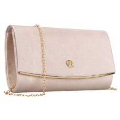Wizytowa torebka damska wykonana z tkaniny syntetycznej w beżowym kolorze - Rovicky. Brązowe torebki wieczorowe ROVICKY, bez wzorów, z syntetyku, wizytowe, bez kołnierzyka, bez ramiączek. Za 53.99 zł.