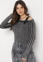 Czarny Sweter z Ozdobnym Paskiem Przy Ramieniu i Splotem Alvoria. Czarne swetry klasyczne damskie Born2be, na zimę, ze splotem, bez kołnierzyka. Za 149.99 zł.