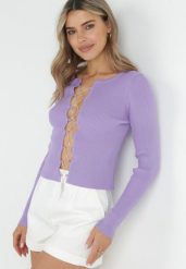 Fioletowy Sweter z Gorsetowym Wiązaniem z Przodu z Cyrkonii Blinca. Fioletowe swetry klasyczne damskie Born2be, z dzianiny, bez kołnierzyka. Za 129.99 zł.