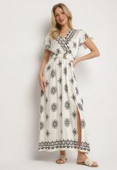 Jasnobeżowa Sukienka w Ornamentalny Wzór z Elastycznym Paskiem Tosvanna. Brązowe sukienki damskie Born2be, na co dzień, l, z aplikacjami, eleganckie, bez kołnierzyka, bez ramiączek, maxi, kopertowe. W wyprzedaży za 87.99 zł.