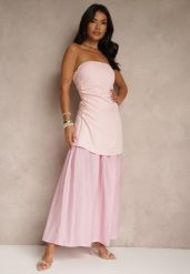 Różowa Sukienka Koktajlowa z Dekoltem Bandeau Ozdobiona Marszczeniem Folimmea. Czerwone sukienki damskie Renee, m, bez wzorów, eleganckie, bez kołnierzyka, bez ramiączek, maxi, kopertowe. Za 159.99 zł.